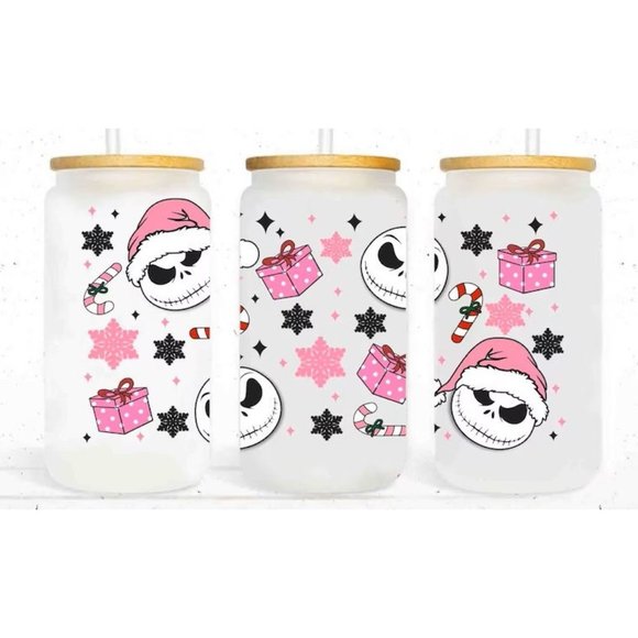 Christmas Nightmare Pink Candy Cane 16oz Glass Can Tumbler Clear or Frosted - Picture 1 of 3